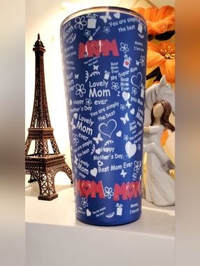 Blue 'Mom' Pattern Insulated Travel Tumbler - Mother's Day Gift